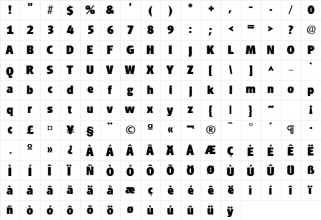 Goudita Sans Heavy SF Bold  glyph index