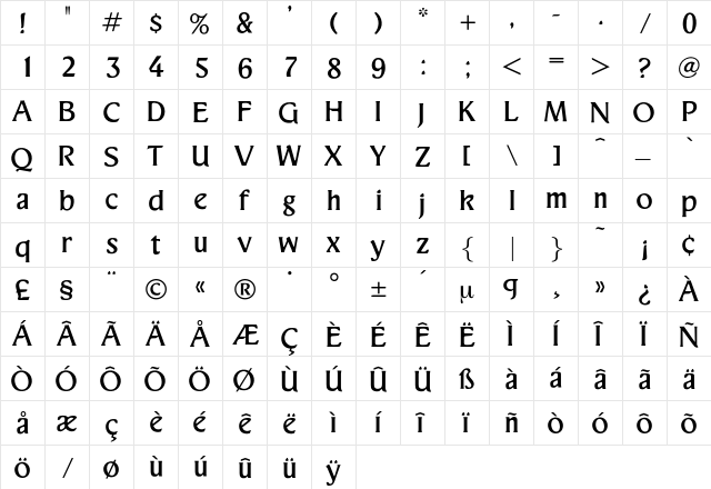 Gotthard Regular  glyph index