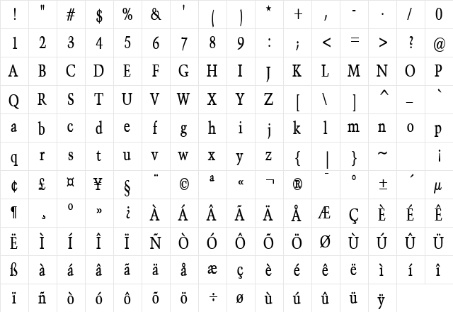 Congo Thin Bold  glyph index