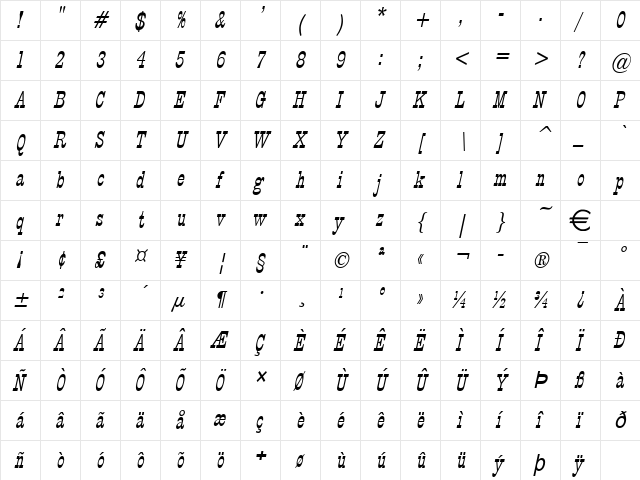 CircusThin Italic  glyph index