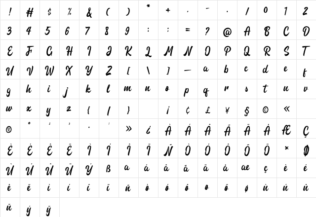 Paradise Script Regular  glyph index