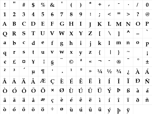 Palazzo Bold  glyph index