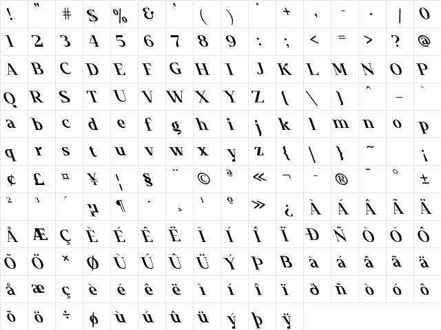 Timeline Oblique Regular  glyph index