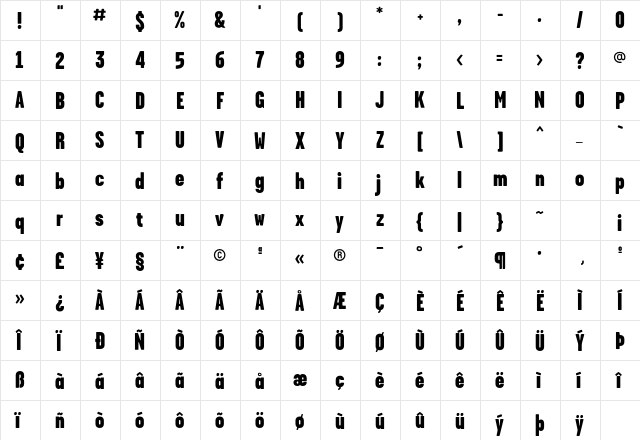 Garage Gothic FB Black Regular  glyph index