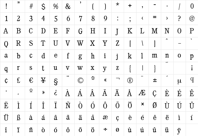 CalgarySerial-Light Regular  glyph index