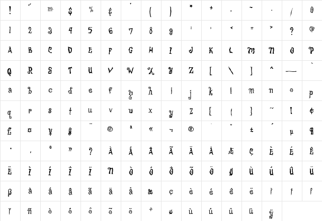 Freakshow Regular  glyph index