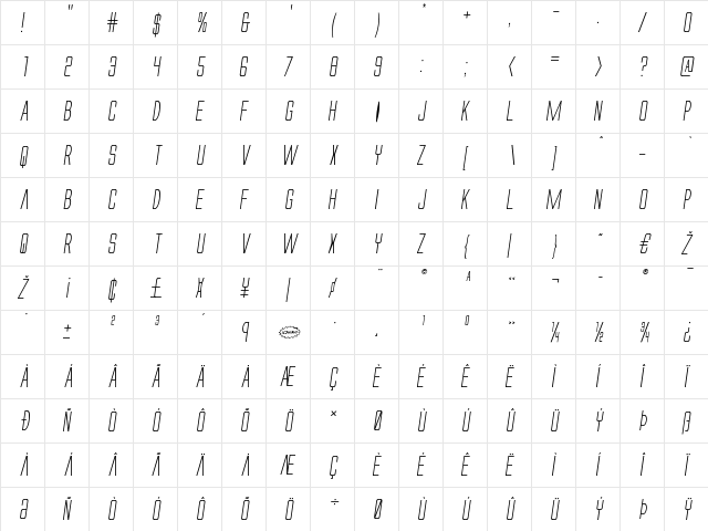 Alien League Italic Italic  glyph index