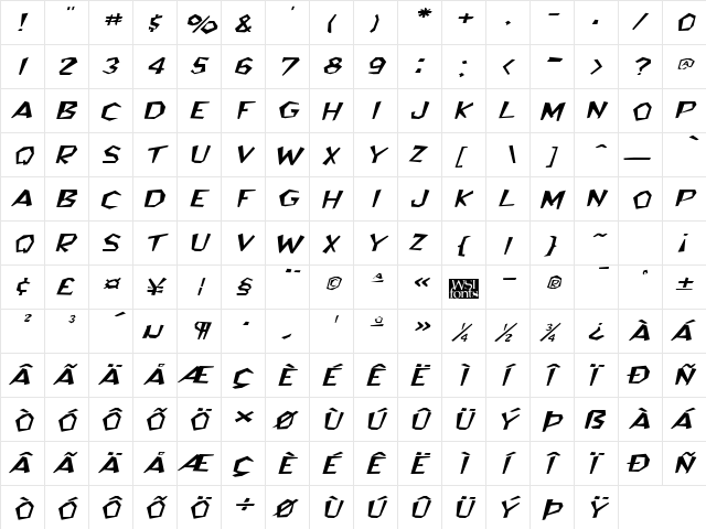 BedrockWide Italic  glyph index