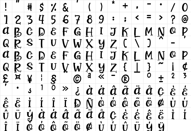 Cute Sweet Regular  glyph index