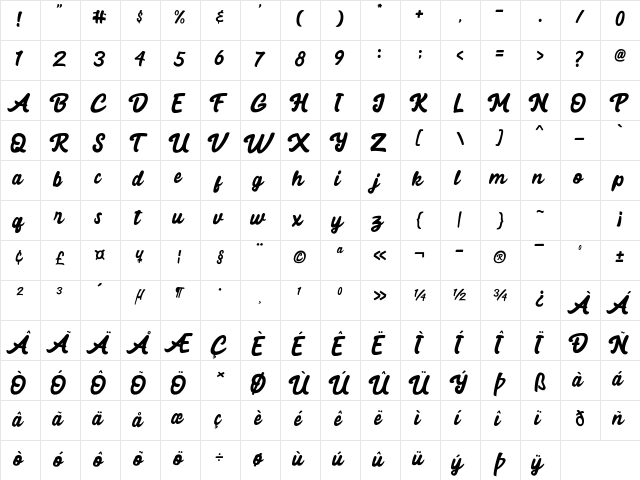 Black Mindo Regular  glyph index