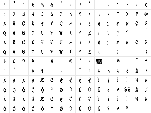 ChowMeinNarrow Regular  glyph index