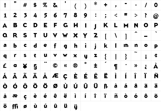 Blindfish Bold  glyph index