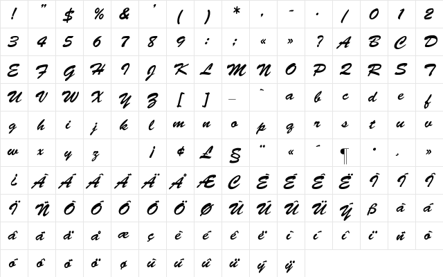 Brush Regular  glyph index