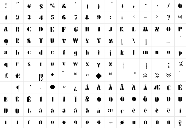 Schablonski-LessFat Regular  glyph index