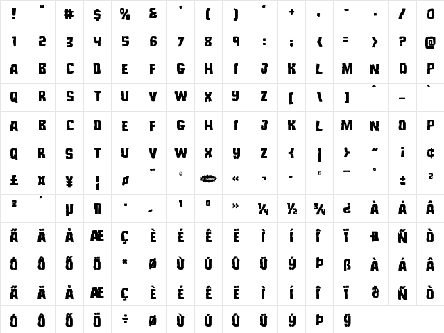 Monster Hunter Staggered Regular  glyph index