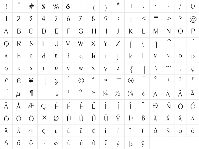 Exotic 350 Light  glyph index