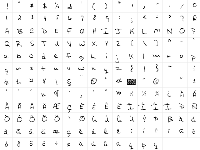 SammysHand Regular  glyph index