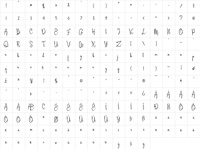 Aleyna Regular  glyph index