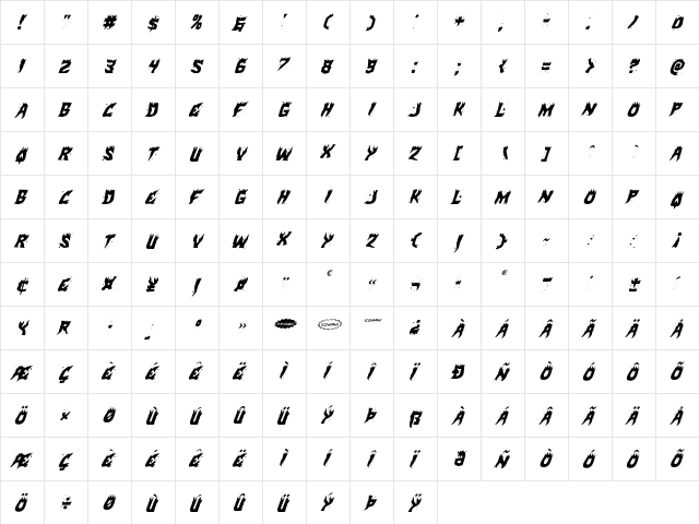 Hot Kiss Italic Italic  glyph index