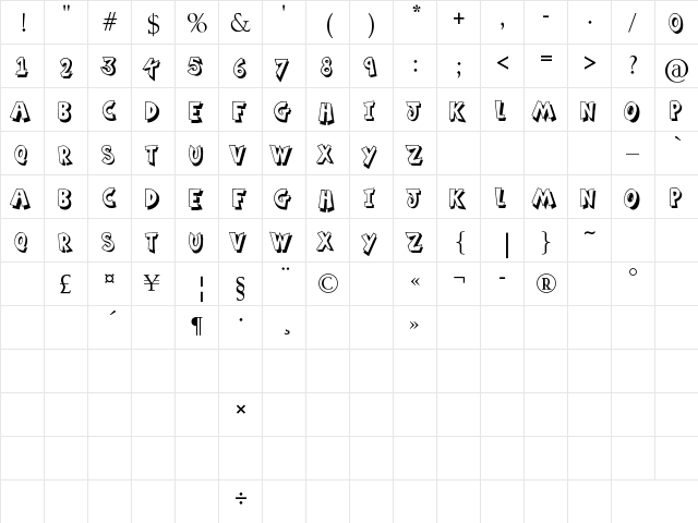 Ming in Bling Regular  glyph index