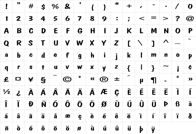 DomCasual Ex Regular  glyph index