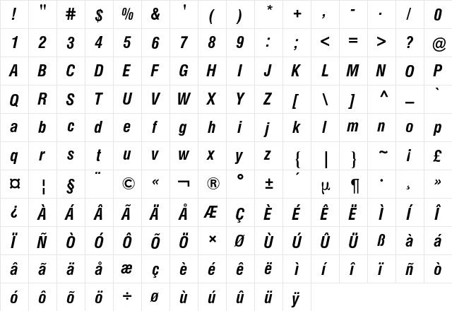 Helvetica 2 BQ Regular  glyph index