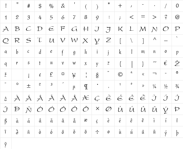 Present LT Condensed Regular  glyph index