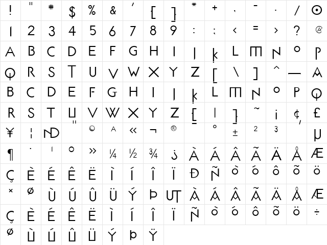 Unzialis Regular  glyph index