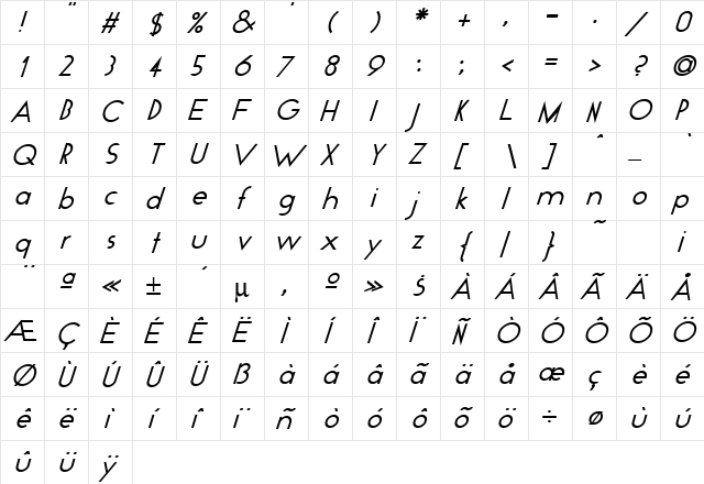 Pommarantz Italic Regular  glyph index