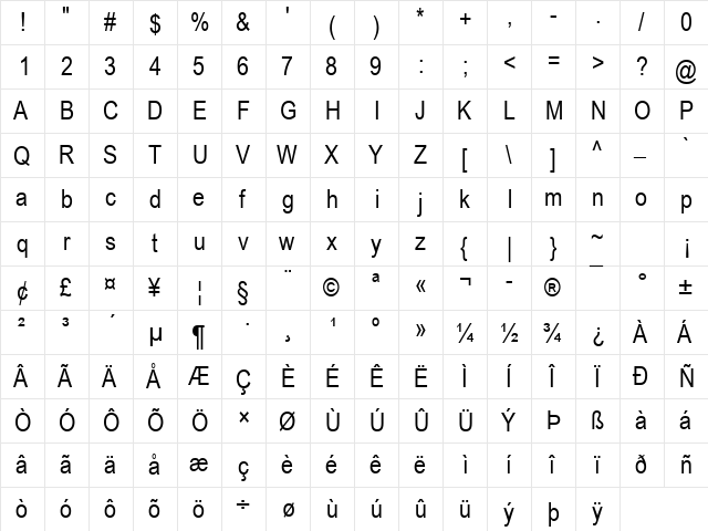 Arial Narrow Regular  glyph index