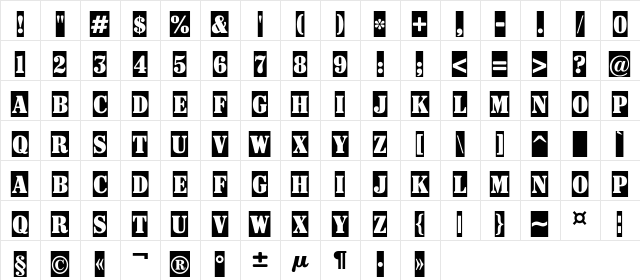 a_SignboardTitulNrCm Regular  glyph index