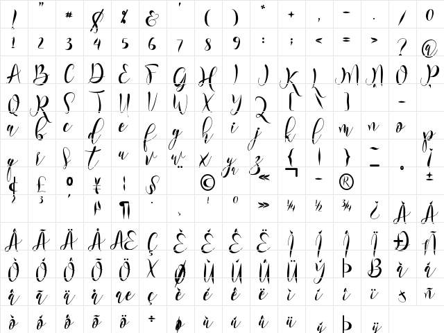 Beathria Regular  glyph index