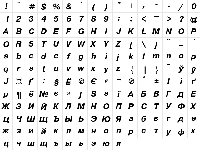 Pragmatica Bold Italic  glyph index