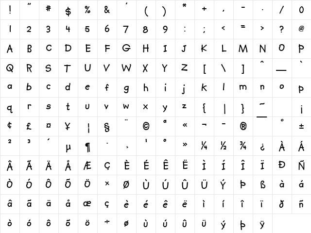 Kidprint Bold  glyph index