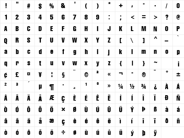 Corporate Compressed Regular  glyph index