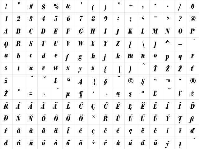 BodoniAntTEECon Bold Italic  glyph index