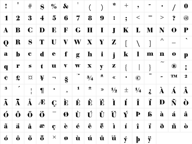 Bauer Bodoni T In1 Regular  glyph index