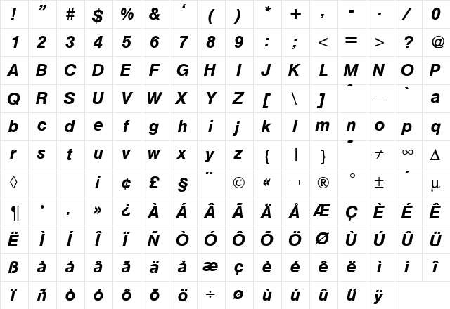 HegelMedium RegularItalic  glyph index