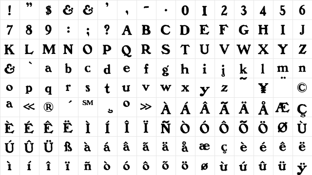 Bostonia Regular  glyph index