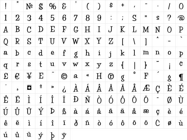 Happy Bold  glyph index