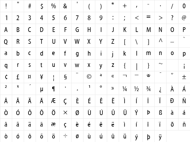 MyriadRegularCondensed Normal  glyph index