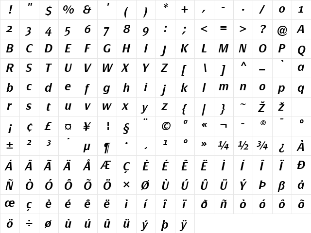 PageSans-DemiBoldItalic Regular  glyph index