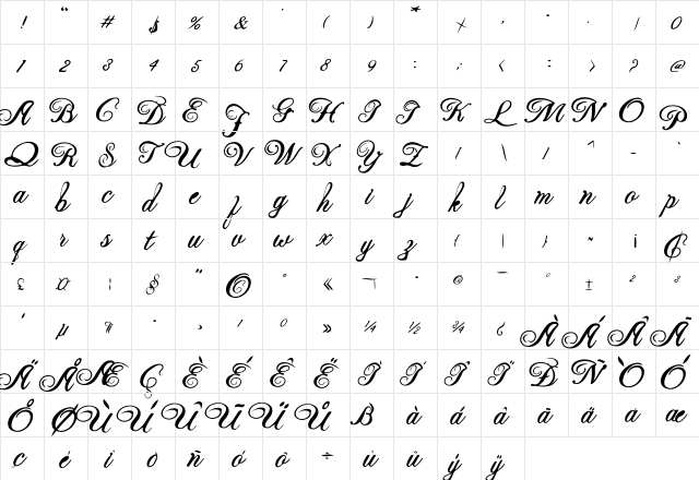 Beauty Regular  glyph index