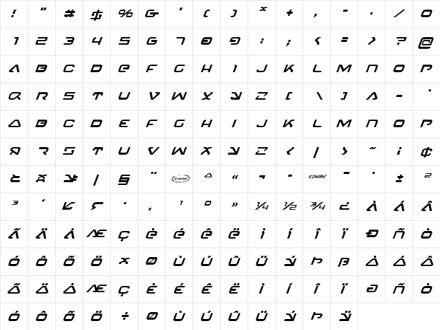 4114 Blaster Italic Italic  glyph index