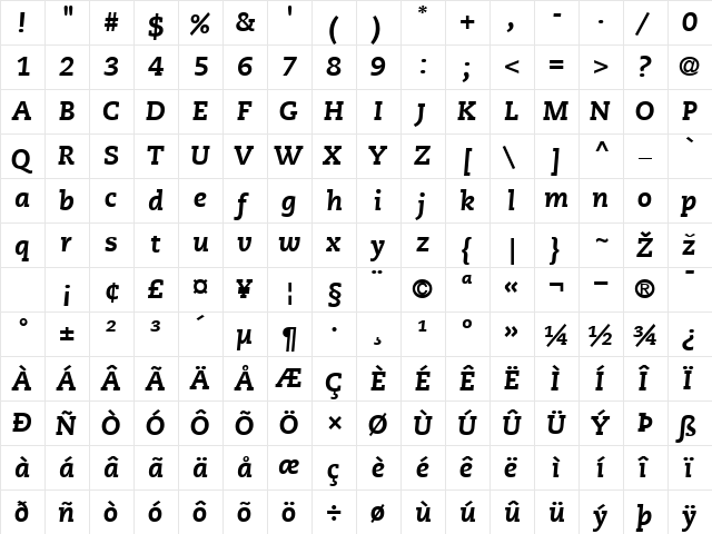 Caecilia LT HeavyItalic Regular  glyph index