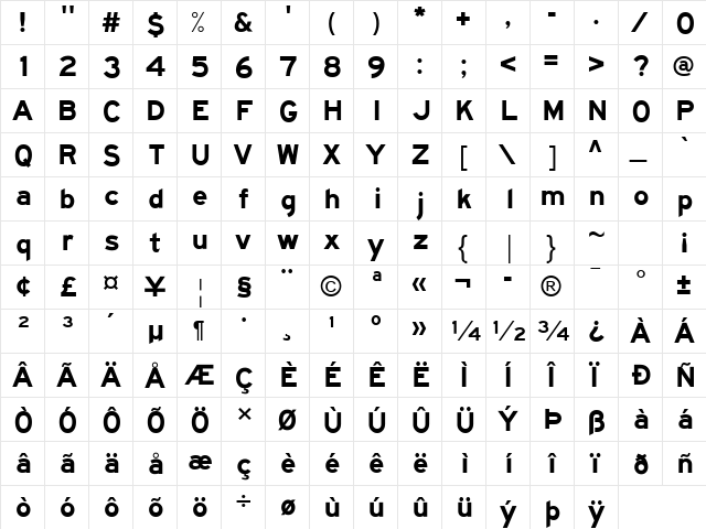 Freeway Gothic Regular  glyph index