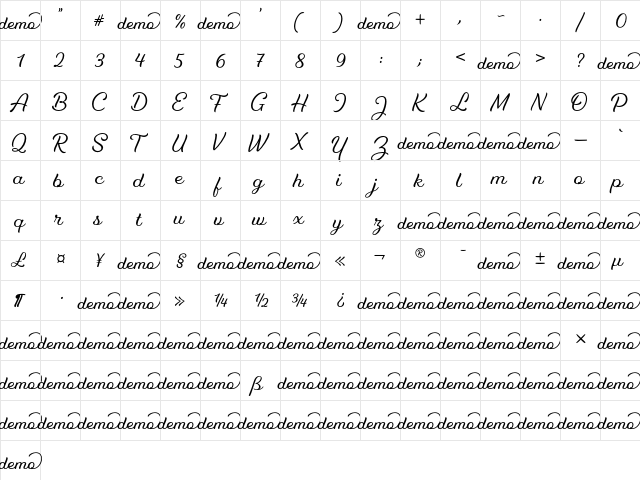 Kamila-DEMO Regular  glyph index