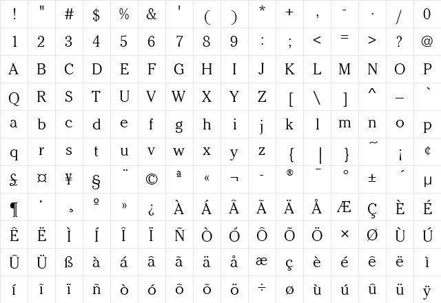 CheltenhamITC Light  glyph index