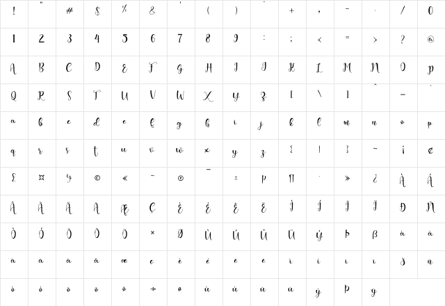 fhania Regular  glyph index