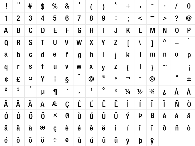 Helvetica Neue LT Com 67 Medium Condensed  glyph index